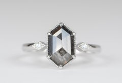 1.85ct Hexagon Shape Salt and Pepper Diamond 14K White Gold Engagement Ring
