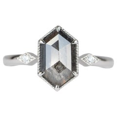 1.85ct Hexagon Shape Salt and Pepper Diamond 14K White Gold Engagement Ring