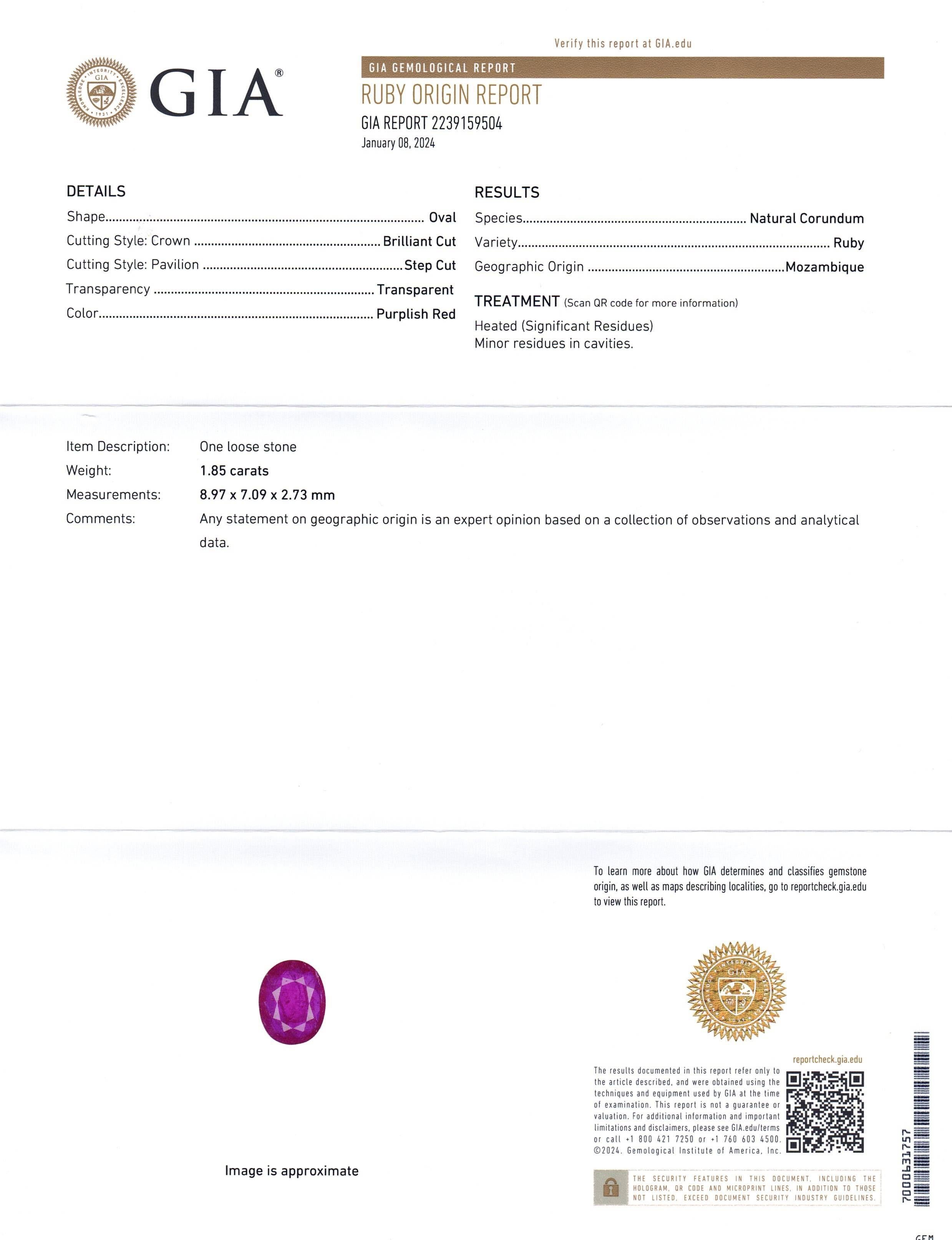 1.85ct Rubino ovale rosso violaceo certificato GIA Mozambico In condizioni Nuovo in vendita a Toronto, Ontario