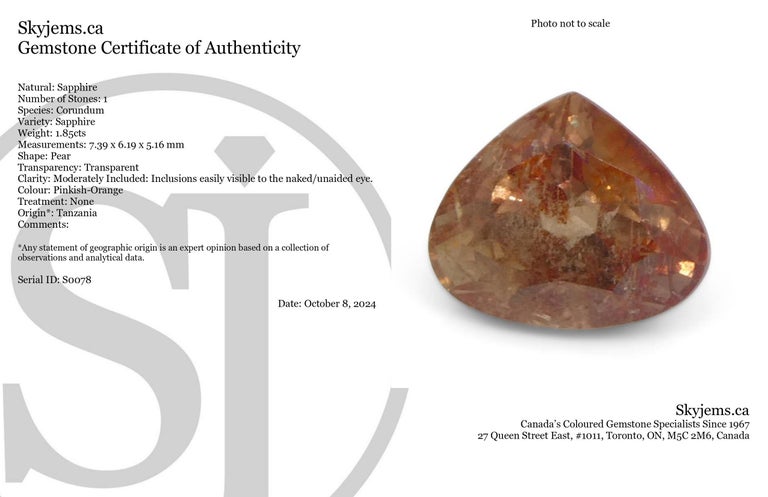 1,85ct Saphir poire rose-orange de Tanzanie, non chauffé - En vente sur France