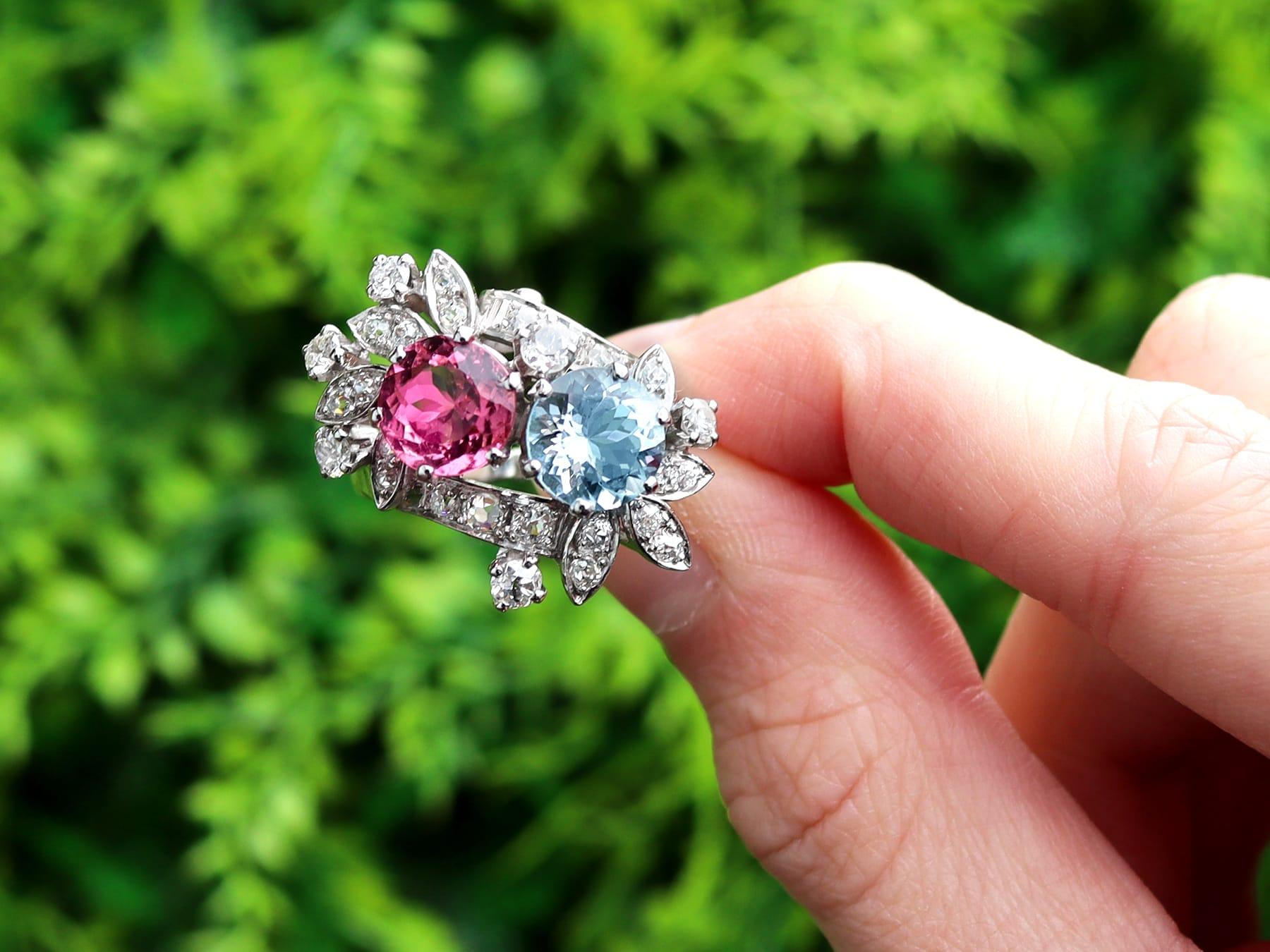 A stunning, fine and impressive 1.85 carat pink tourmaline, 2.00 carat aquamarine and 1.07 carat diamond 14 karat white gold dress ring; part of our diverse vintage cocktail rings collection.

This stunning, fine and impressive vintage cocktail ring