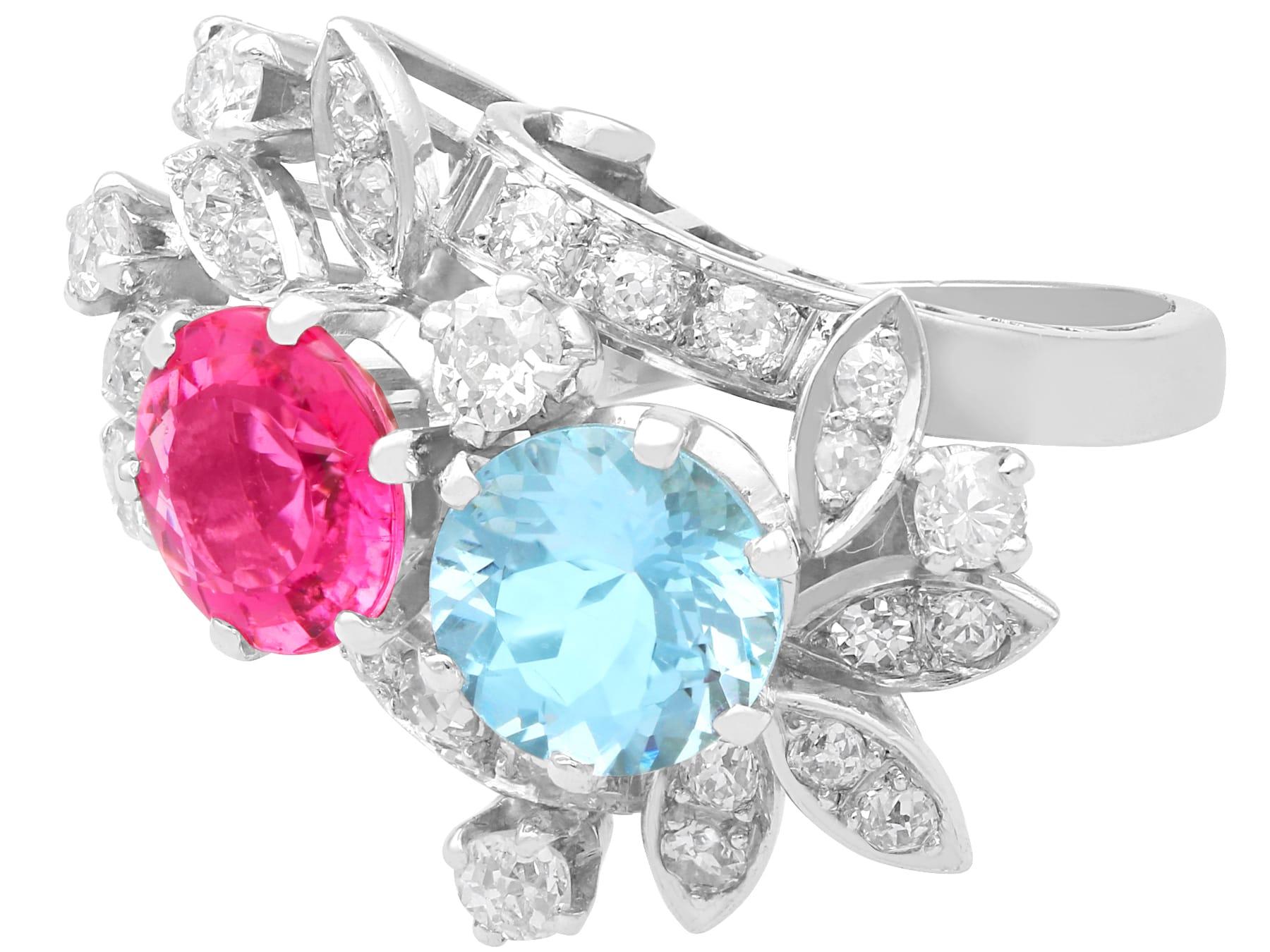 Round Cut 1.85Ct Pink Tourmaline, 2.00Ct Aquamarine and 1.07Ct Diamond 14k White Gold Ring For Sale