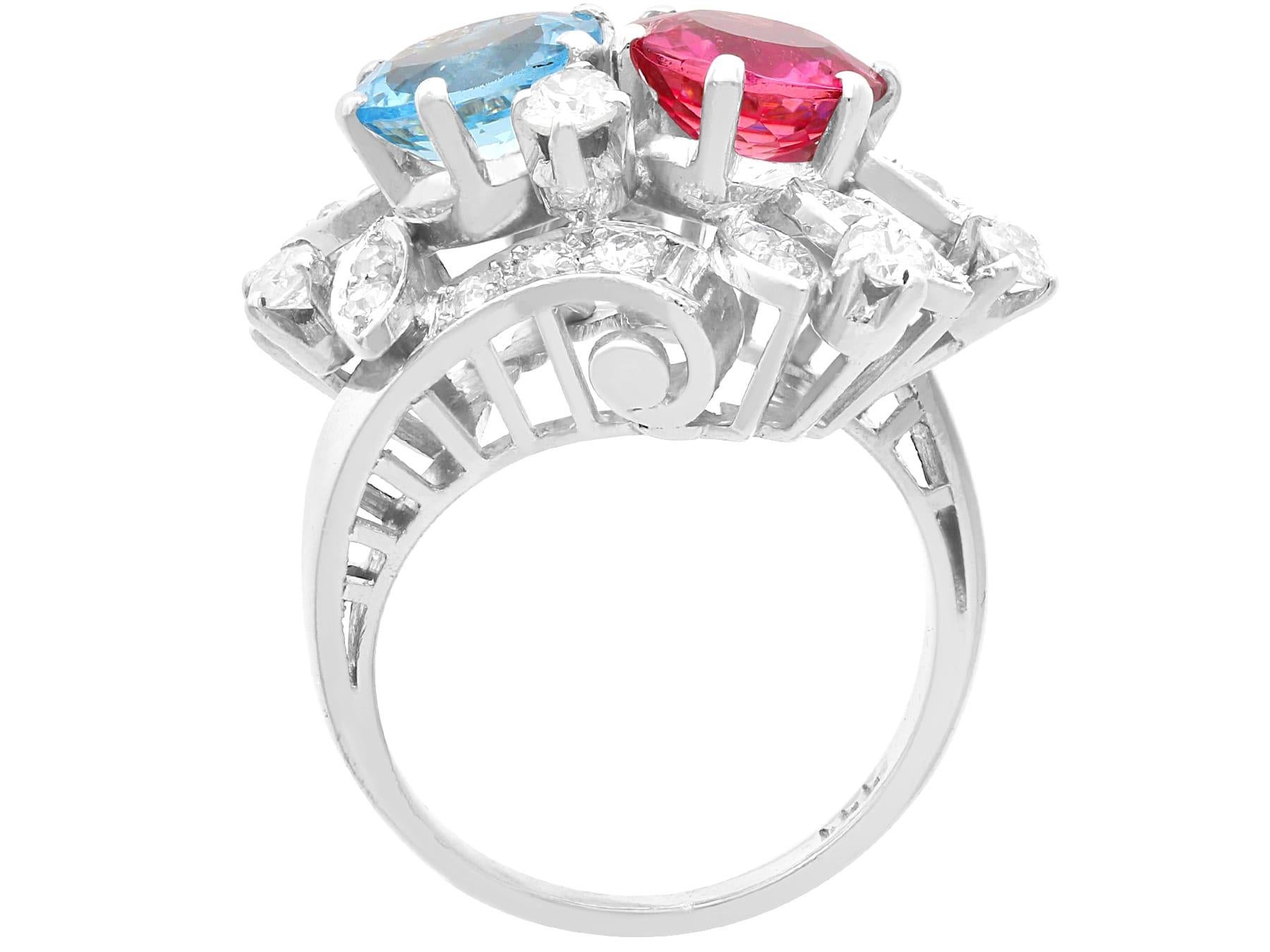 Women's or Men's 1.85Ct Pink Tourmaline, 2.00Ct Aquamarine and 1.07Ct Diamond 14k White Gold Ring For Sale