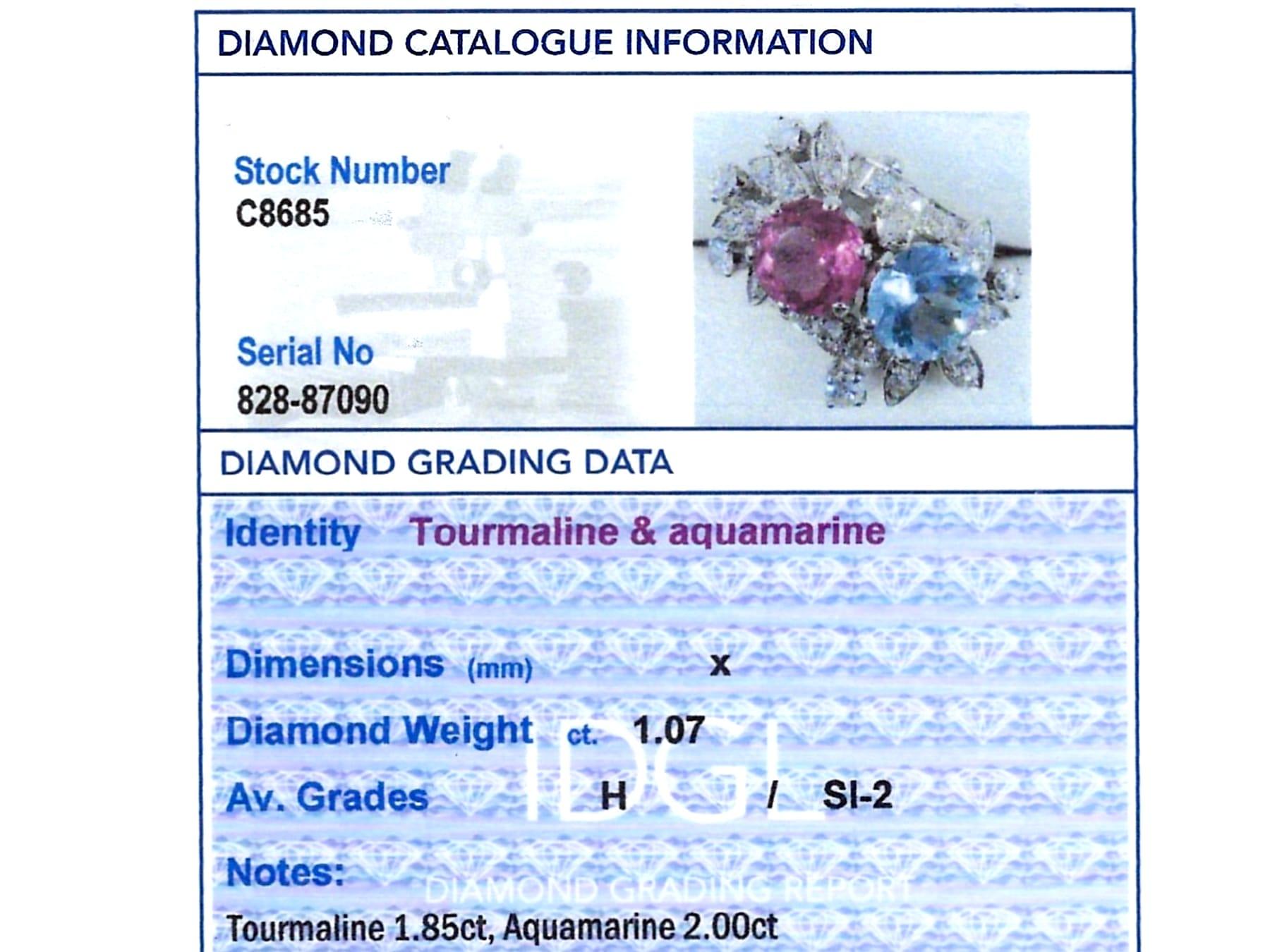 1.85Ct Pink Tourmaline, 2.00Ct Aquamarine and 1.07Ct Diamond 14k White Gold Ring For Sale 1