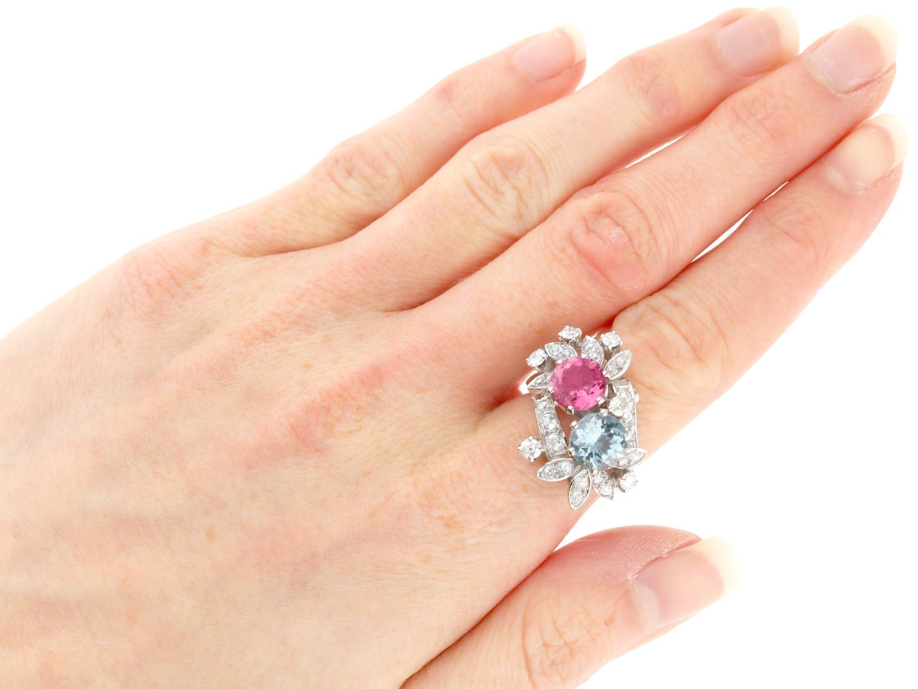 1.85Ct Pink Tourmaline, 2.00Ct Aquamarine and 1.07Ct Diamond 14k White Gold Ring For Sale 2