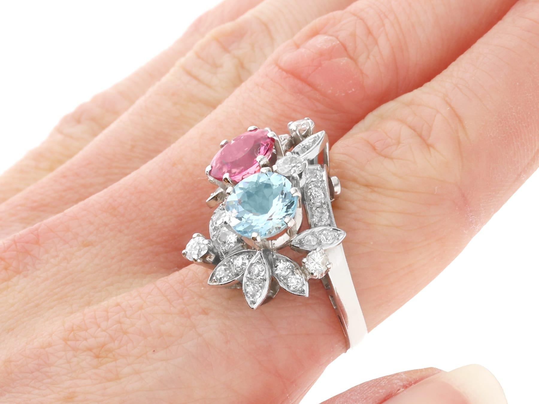 1.85Ct Pink Tourmaline, 2.00Ct Aquamarine and 1.07Ct Diamond 14k White Gold Ring For Sale 3