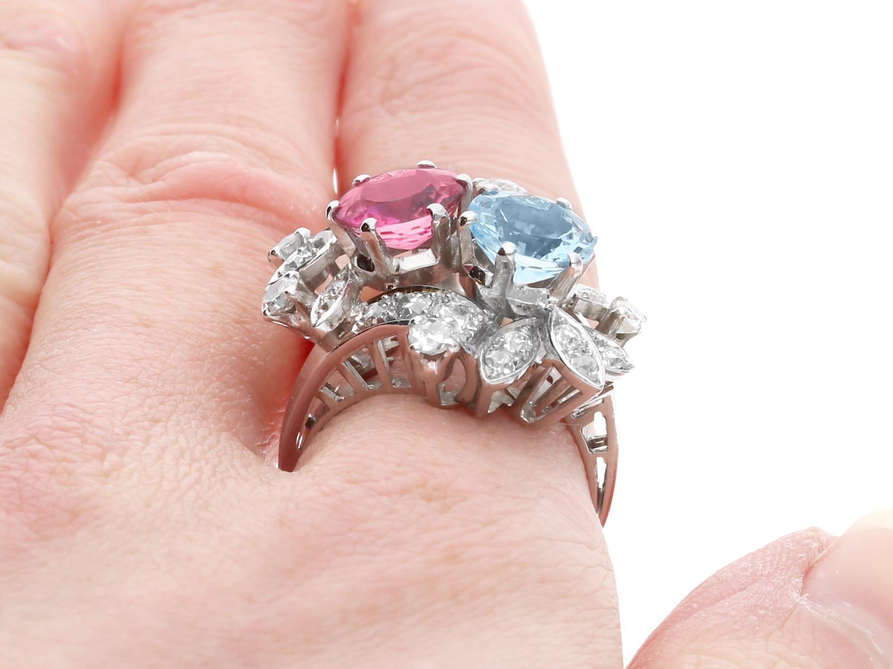1.85Ct Pink Tourmaline, 2.00Ct Aquamarine and 1.07Ct Diamond 14k White Gold Ring For Sale 4