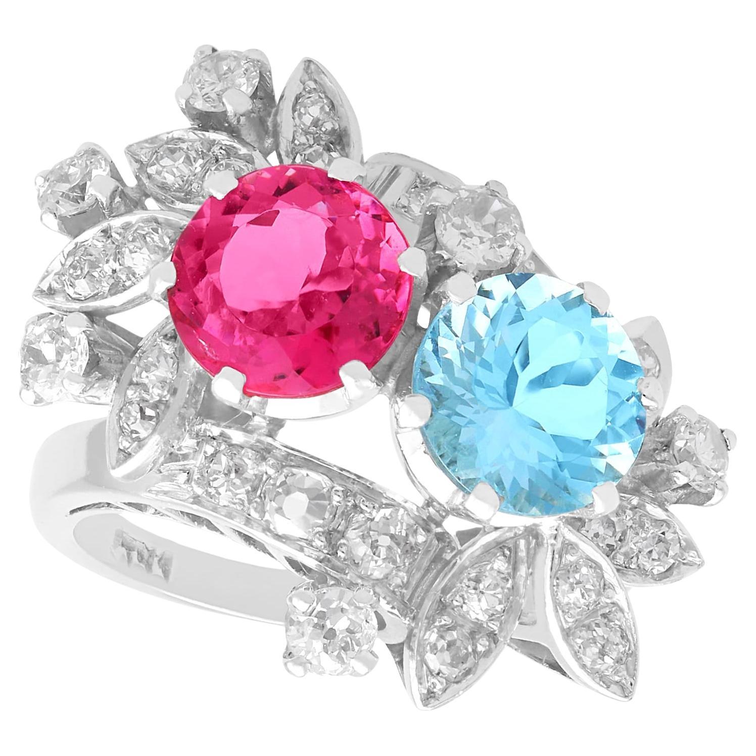 1.85Ct Pink Tourmaline, 2.00Ct Aquamarine and 1.07Ct Diamond 14k White Gold Ring For Sale