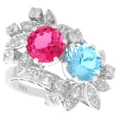 1.85Ct Pink Tourmaline, 2.00Ct Aquamarine and 1.07Ct Diamond 14k White Gold Ring