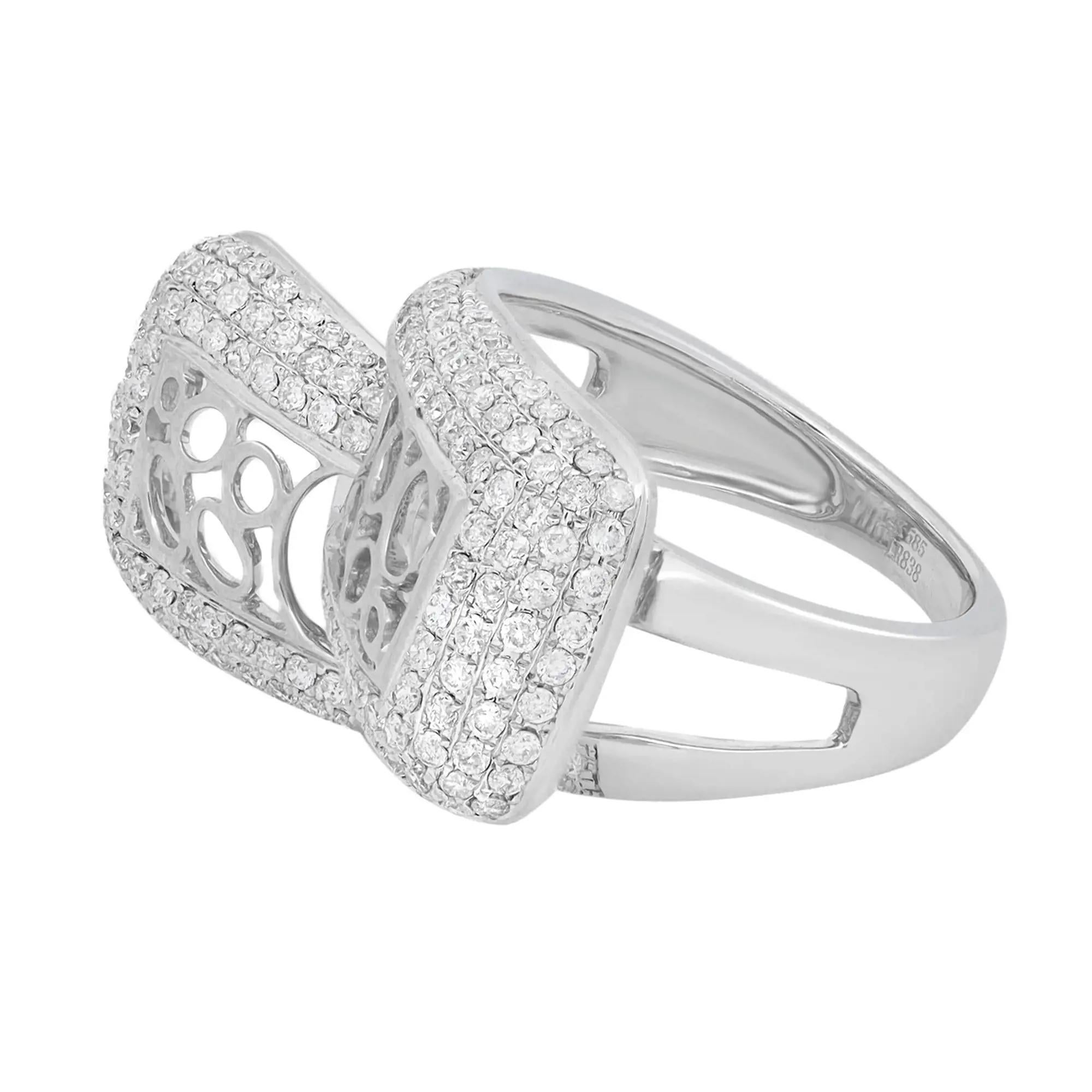 Dazzle away with this bold ladies cocktail ring. Crafted in 14k white gold. Showcasing pave set round brilliant cut diamonds weighing 1.85 carats with round intricate detailing design. Diamond quality: I color and SI1 clarity. Ring size: 7.5. Top