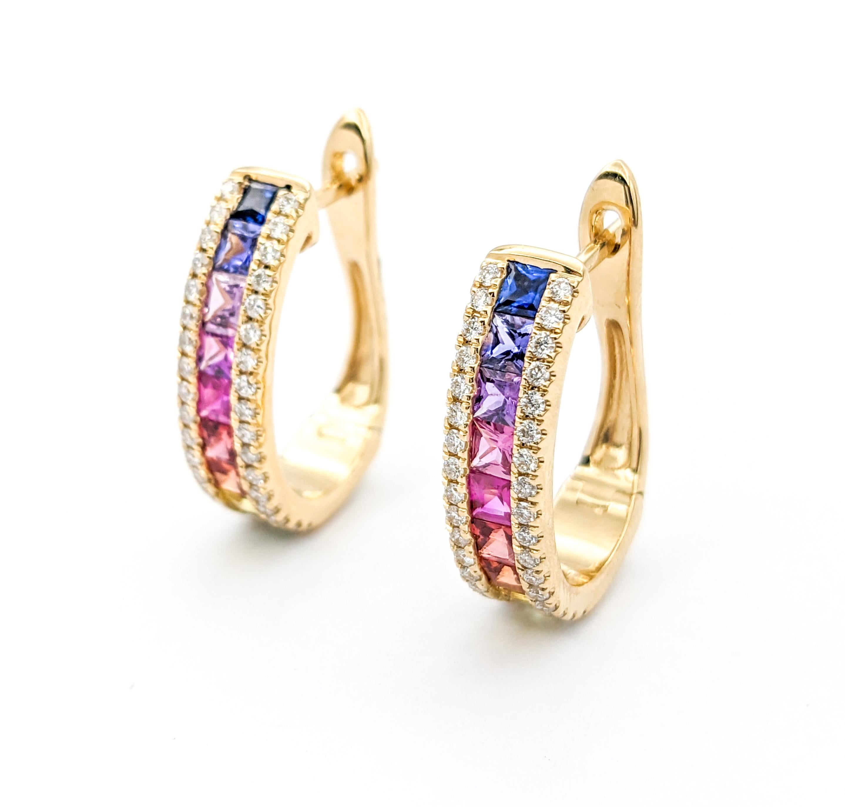 1.85ctw Multi-Color Sapphires & Diamond LeverBack Hoop Earrings In Yellow Gold

Introducing these beautiful gemstone fashion earrings crafted in 14k yellow gold, featuring .45ctw of diamonds with leverback and 1.85ctw of multi-color sapphires. The