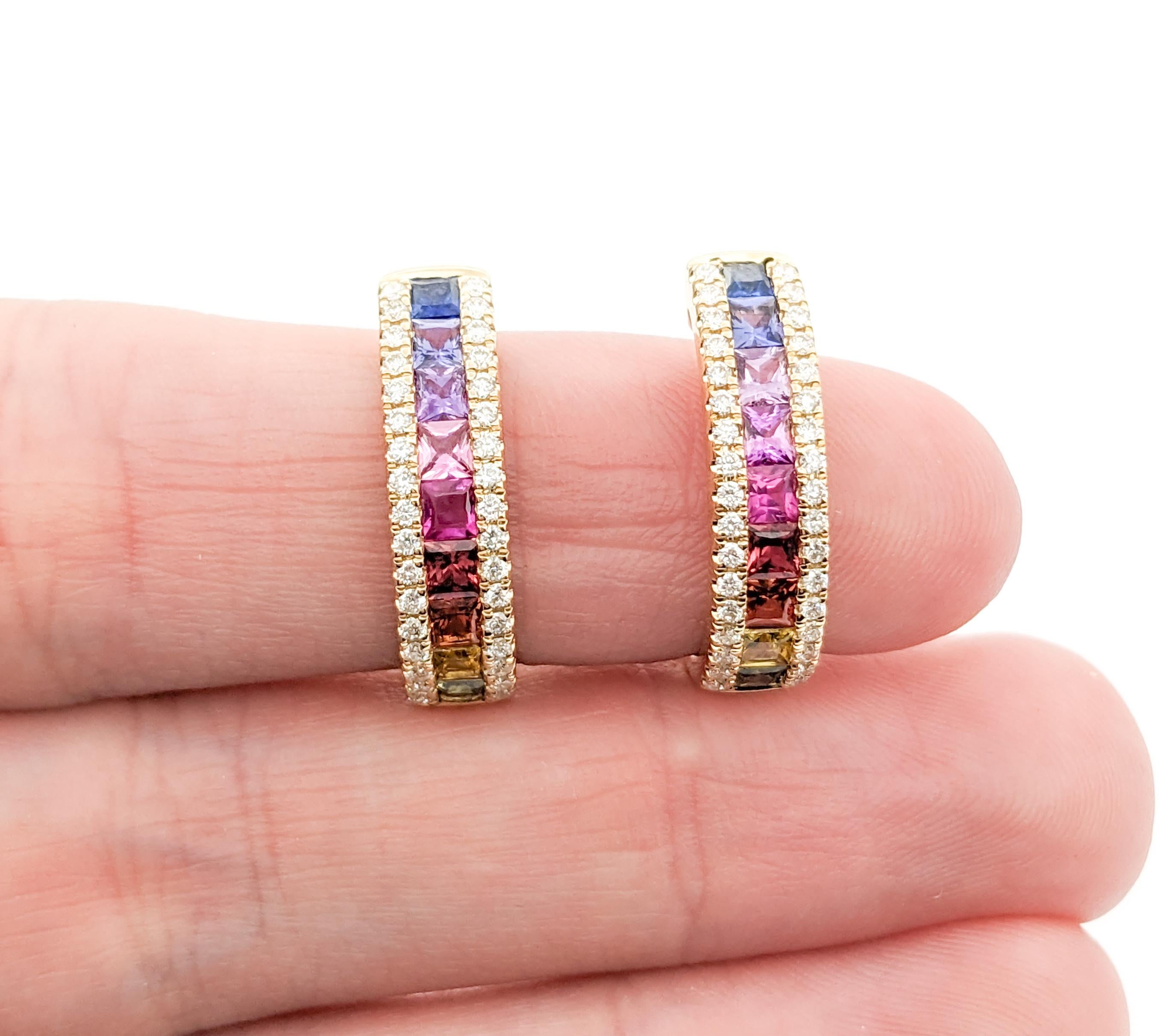 Princess Cut 1.85ctw Multi-Color Sapphires & Diamond LeverBack Hoop Earrings In Yellow Gold For Sale