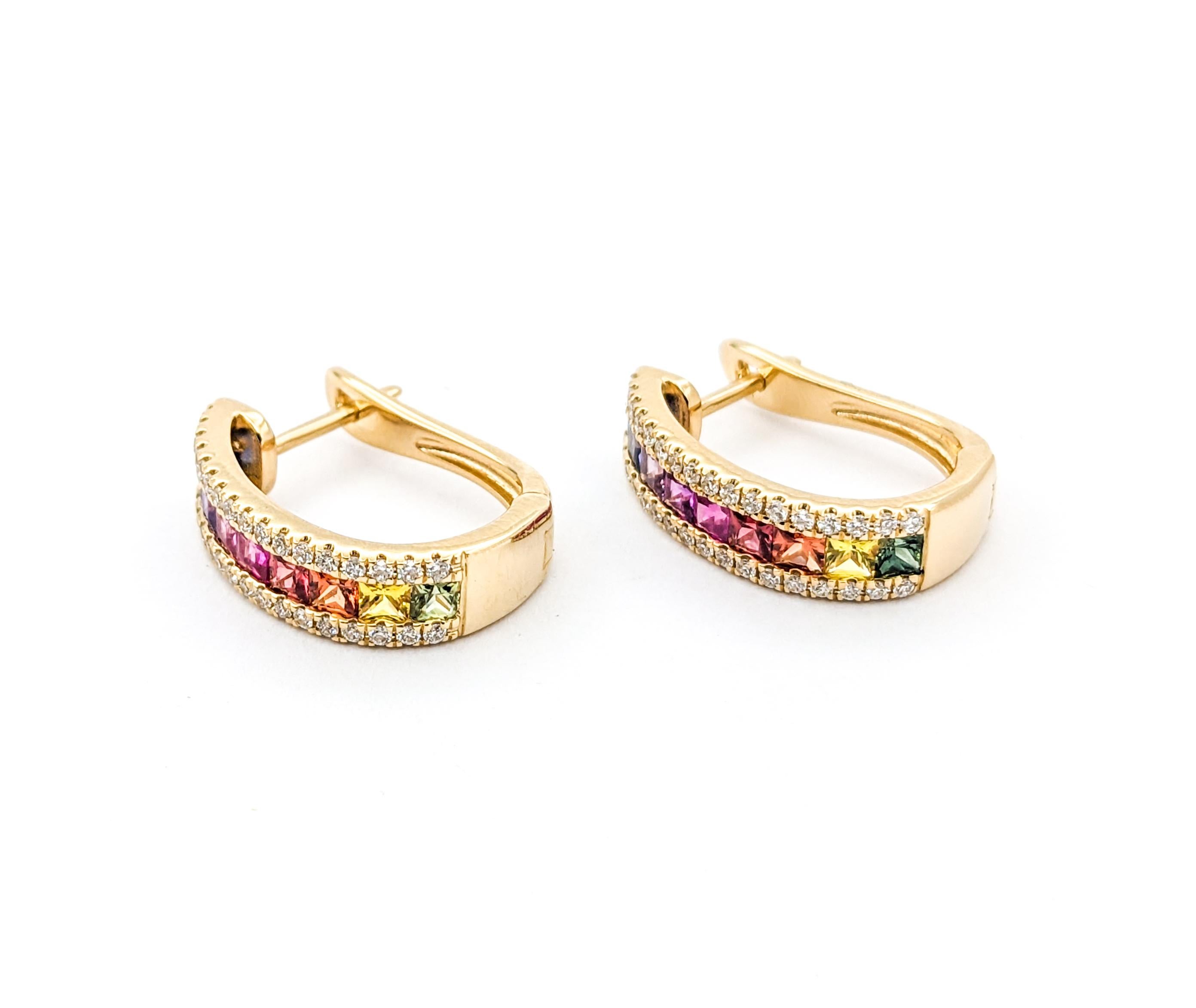 Women's 1.85ctw Multi-Color Sapphires & Diamond LeverBack Hoop Earrings In Yellow Gold For Sale