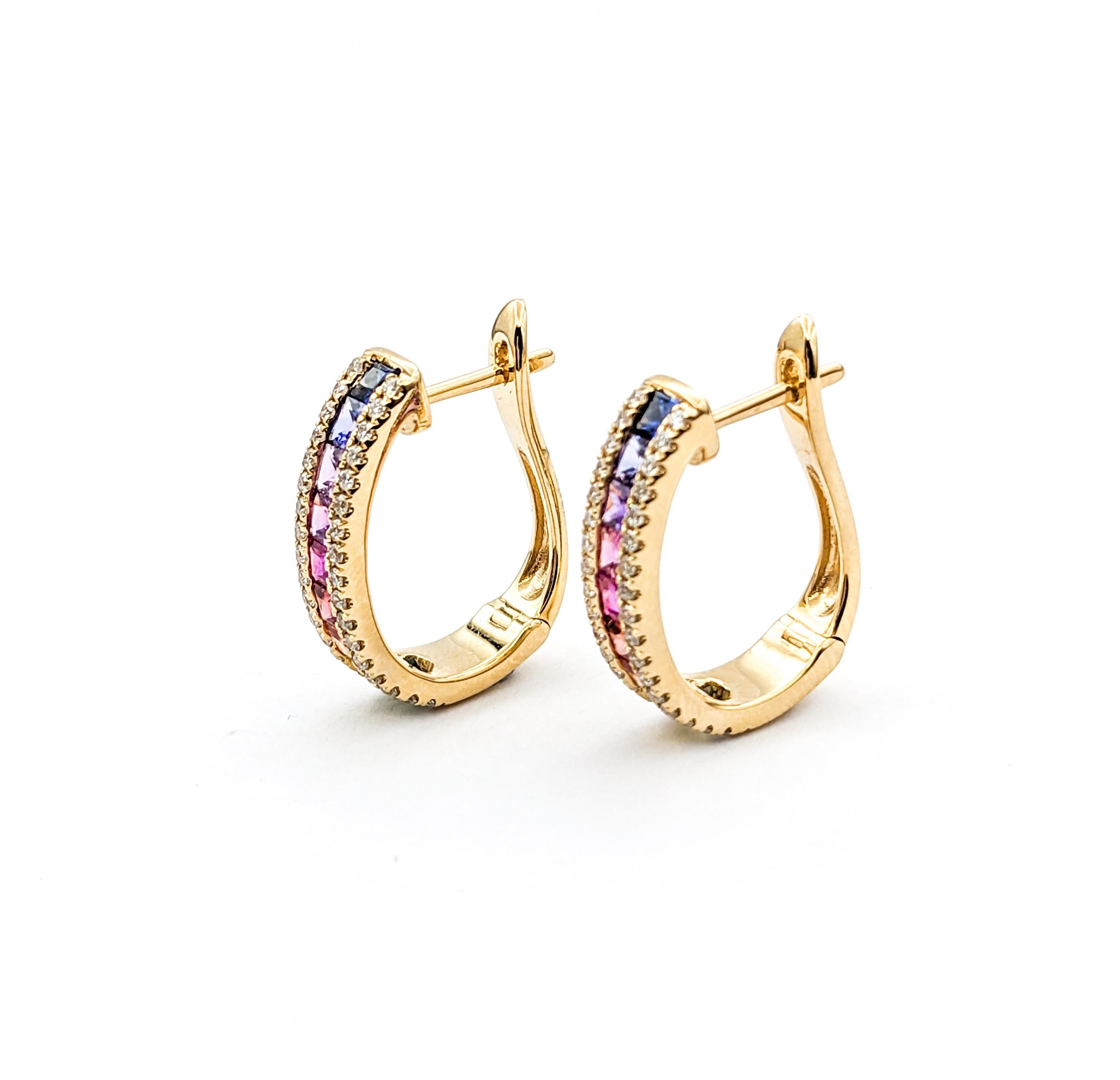 1.85ctw Multi-Color Sapphires & Diamond LeverBack Hoop Earrings In Yellow Gold For Sale 1