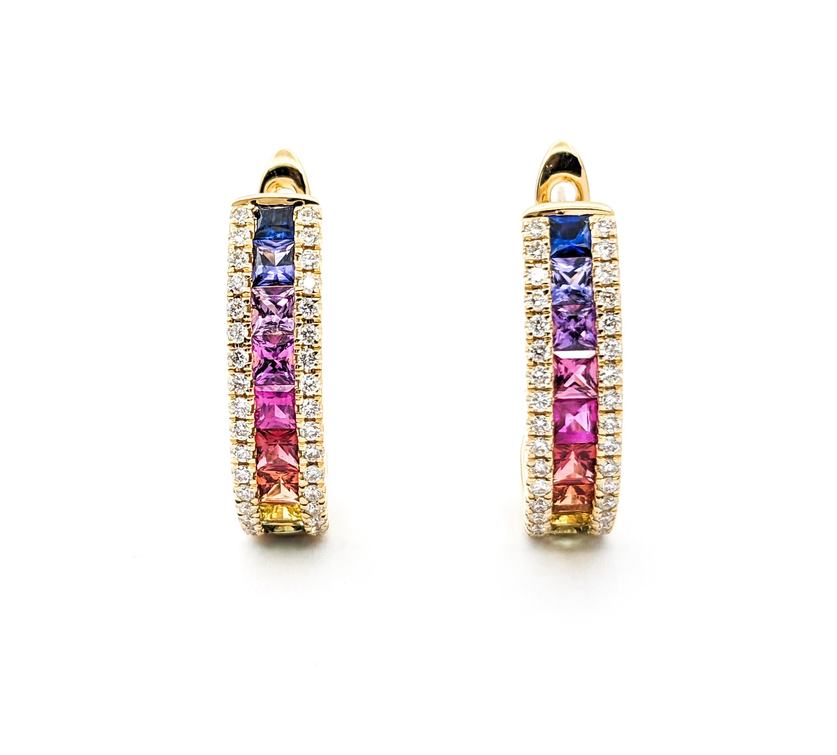1.85ctw Multi-Color Sapphires & Diamond LeverBack Hoop Earrings In Yellow Gold For Sale 2