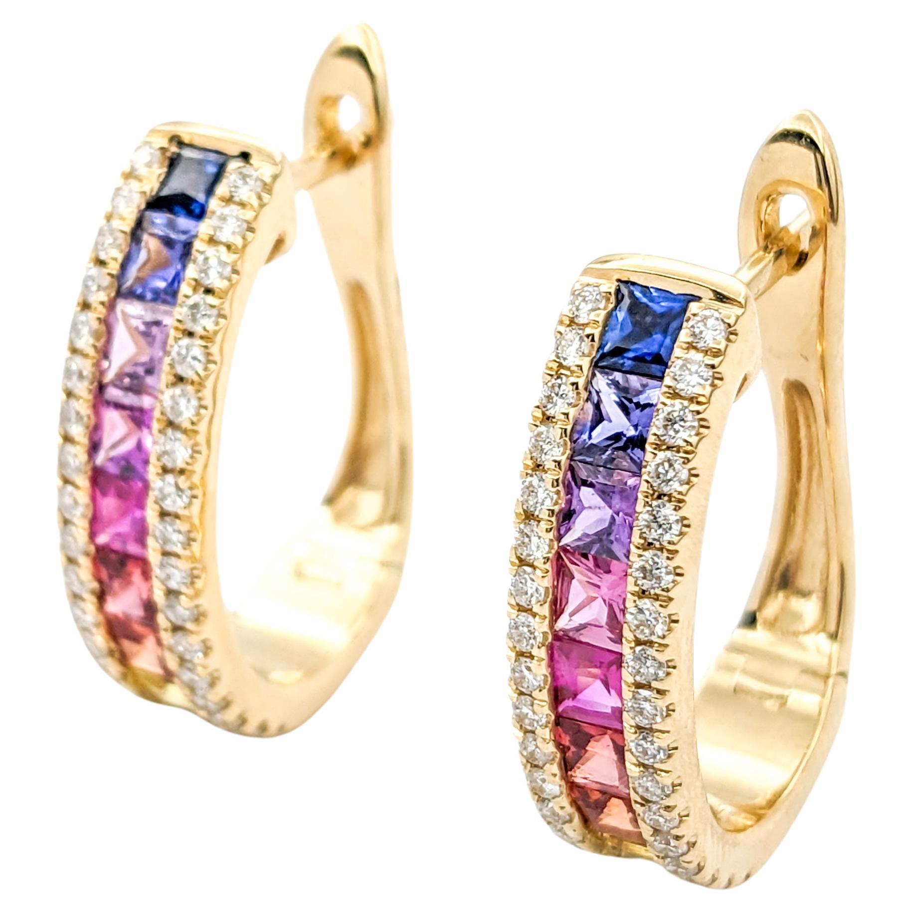 1.85ctw Multi-Color Sapphires & Diamond LeverBack Hoop Earrings In Yellow Gold For Sale