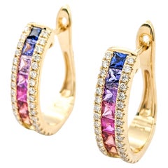 1.85ctw Multi-Color Sapphires & Diamond LeverBack Hoop Earrings In Yellow Gold