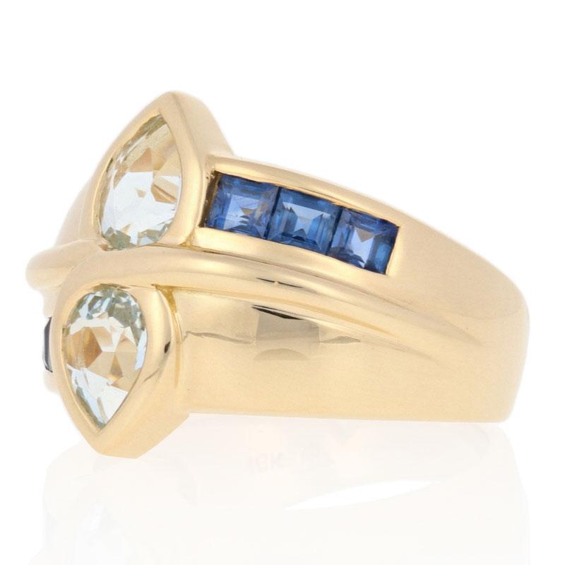 1.85ctw Pear Cut Aquamarine & Sapphire Ring, 18k Yellow Gold 2