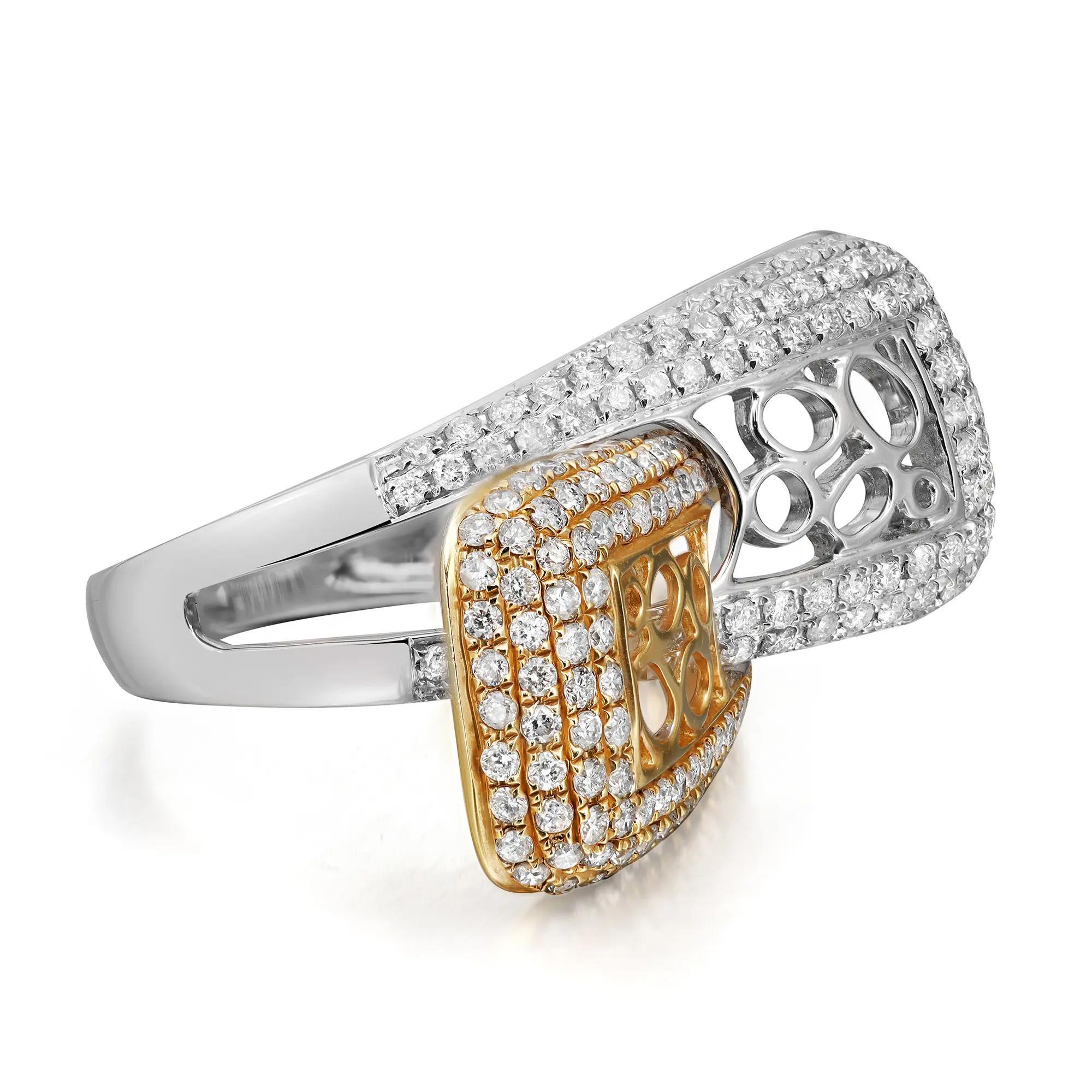 Dazzle away with this bold ladies cocktail ring. Crafted in 14k yellow and white gold. Showcasing pave set round brilliant cut diamonds weighing 1.85 carats with round intricate detailing design. Diamond quality: I color and SI1 clarity. Ring size: