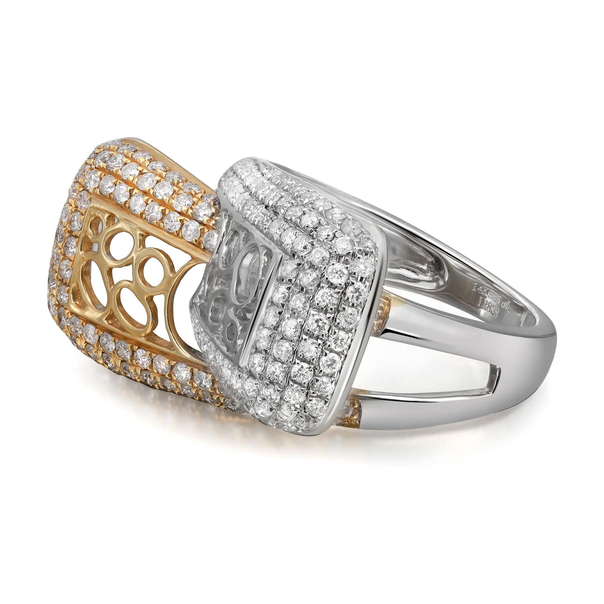 Round Cut 1.85ctw Two Tone Pave Set Round Diamond Ladies Cocktail Ring 14k Gold For Sale