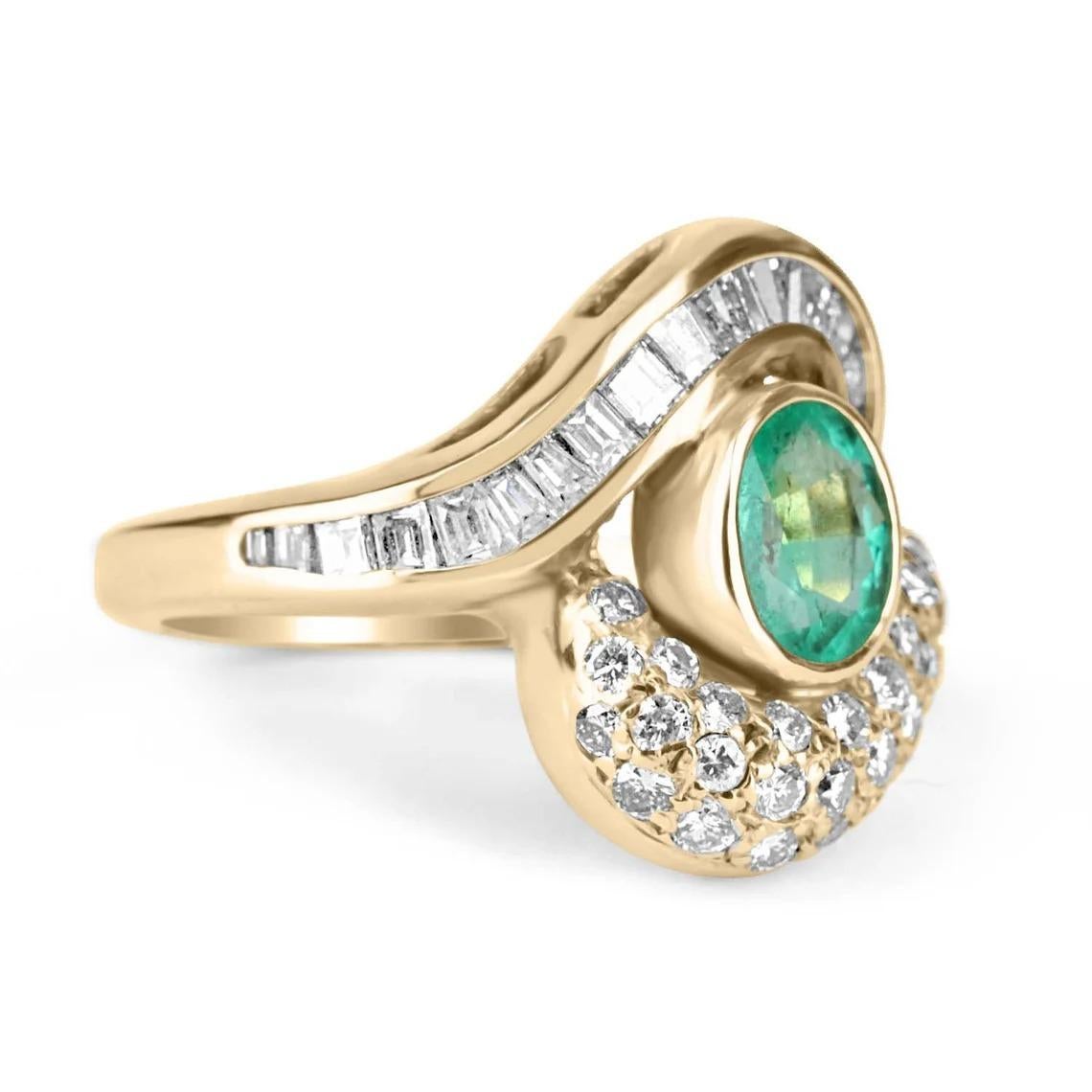 Featured is a vintage emerald & diamond statement ring. The center stone carries a 0.95-carat oval cut, Colombian emerald; displaying a lovely medium green color with very good luster and semi-transparent eye clarity. The bypass shank has half