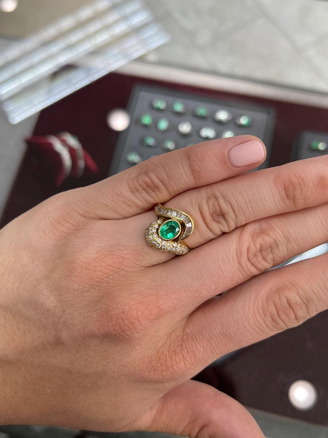 Russian Empire Luxurious 1.85tcw 18K Colombian Emerald Oval & Diamond Vintage Statement Ring For Sale