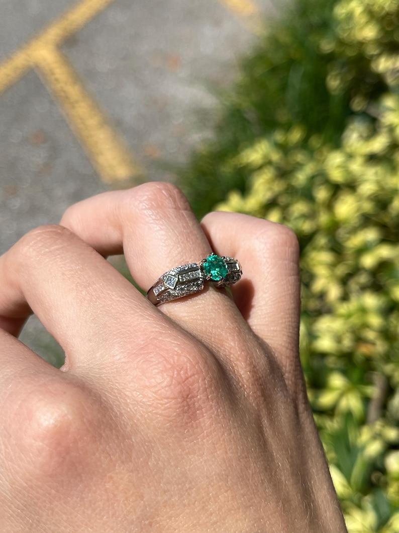 Round Cut 1.85tcw 18K Round Colombian Emerald & Diamond Accent Ring - Six Prong Set For Sale