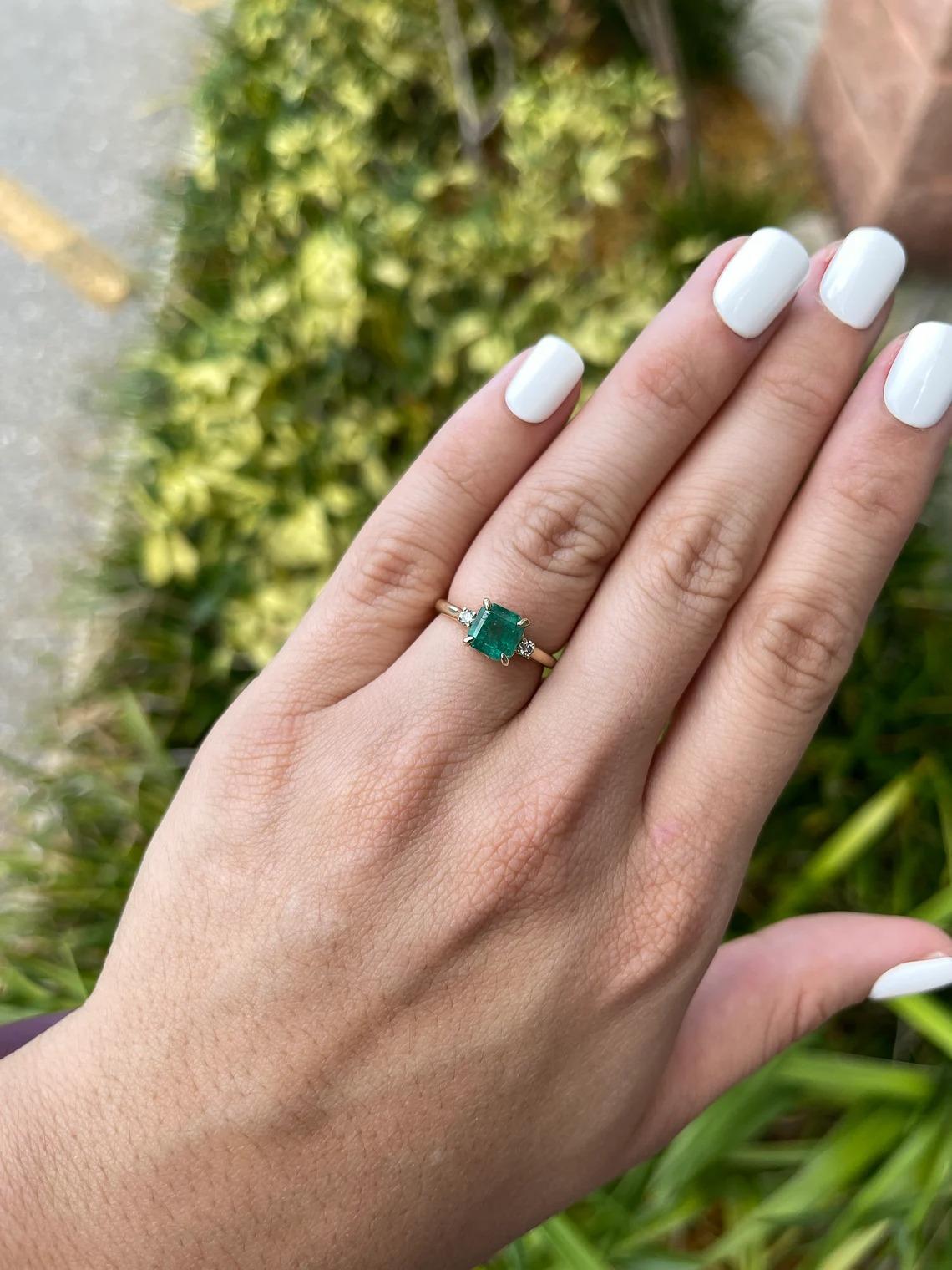 Modern 1.85tcw Medium Dark Green Genuine Emerald-Asscher Cut & Diamond 3-Stone Ring For Sale