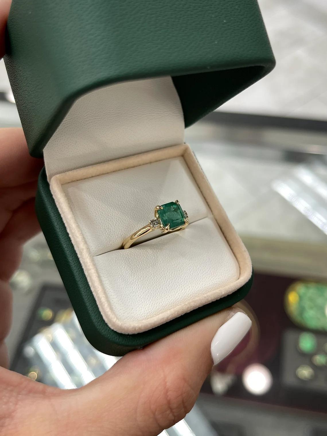 1.85tcw Medium Dark Green Genuine Emerald-Asscher Cut & Diamond 3-Stone Ring In New Condition For Sale In Jupiter, FL
