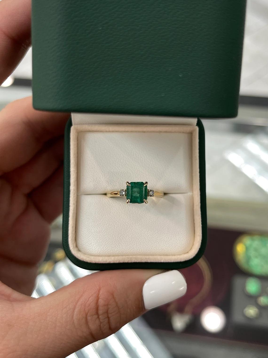 Women's 1.85tcw Medium Dark Green Genuine Emerald-Asscher Cut & Diamond 3-Stone Ring For Sale