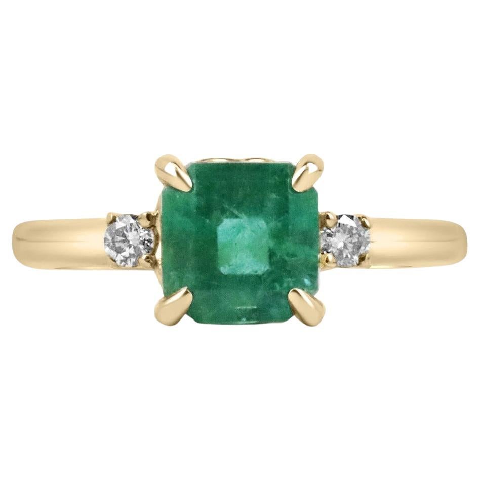 1.85tcw Medium Dark Green Genuine Emerald-Asscher Cut & Diamond 3-Stone Ring For Sale