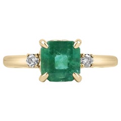 1.85tcw Medium Dark Green Genuine Emerald-Asscher Cut & Diamond 3-Stone Ring