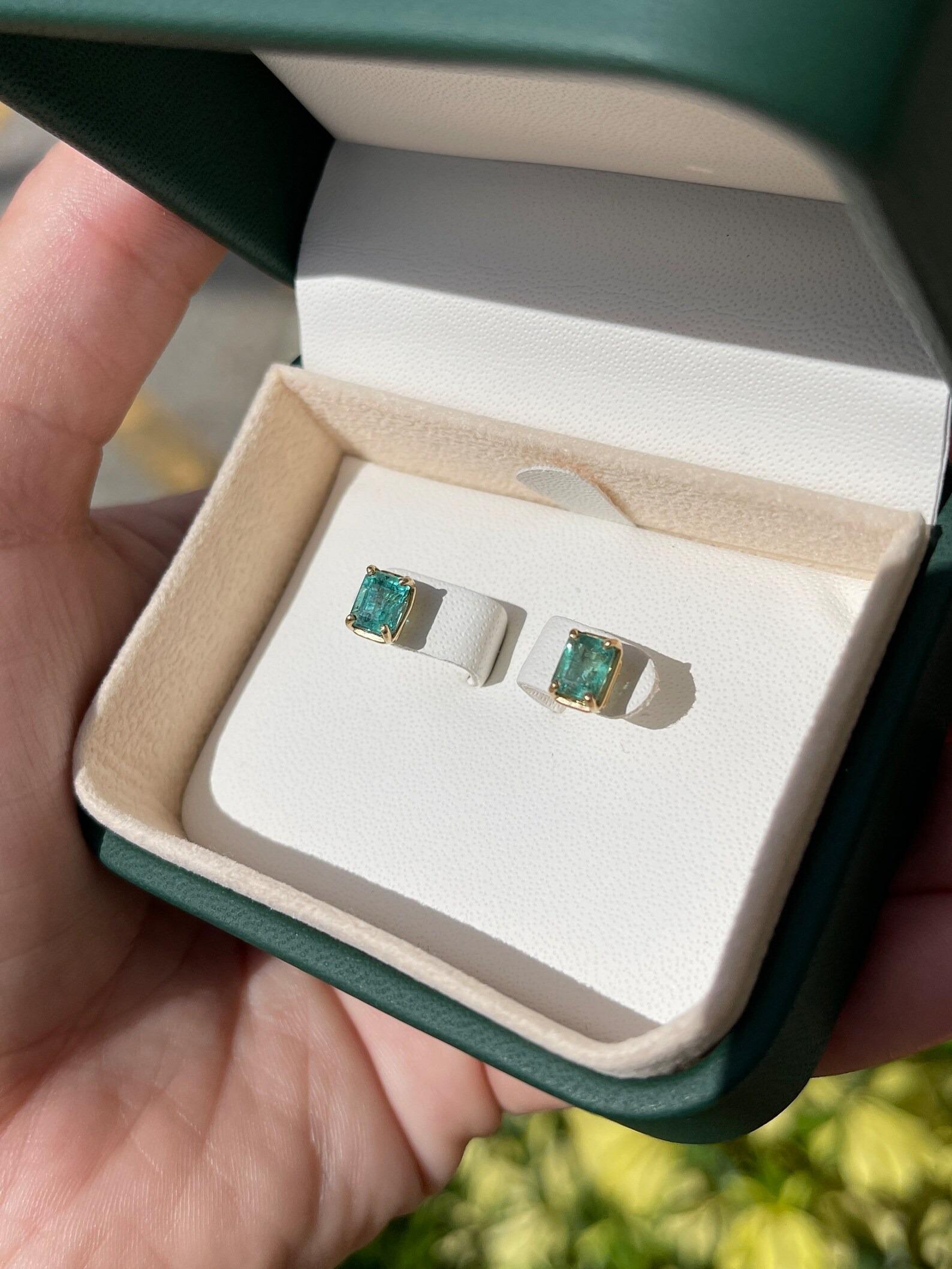 1.85tcw Natural Lush Green Emerald, Emerald Cut Stud Earrings Gold 14K In New Condition For Sale In Jupiter, FL