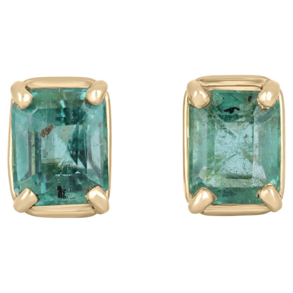 1.85tcw Natural Lush Green Emerald, Emerald Cut Stud Earrings Gold 14K For Sale