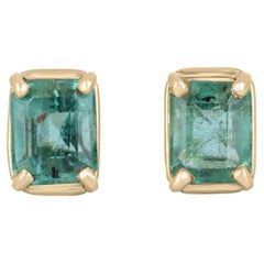 1.85tcw Natural Lush Green Emerald, Emerald Cut Stud Ears Gold 14K