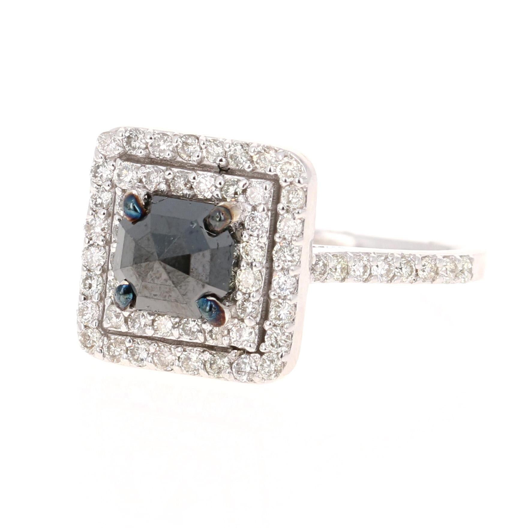 Contemporary 1.86 Carat Black Diamond White Diamond White Gold Engagement Ring For Sale