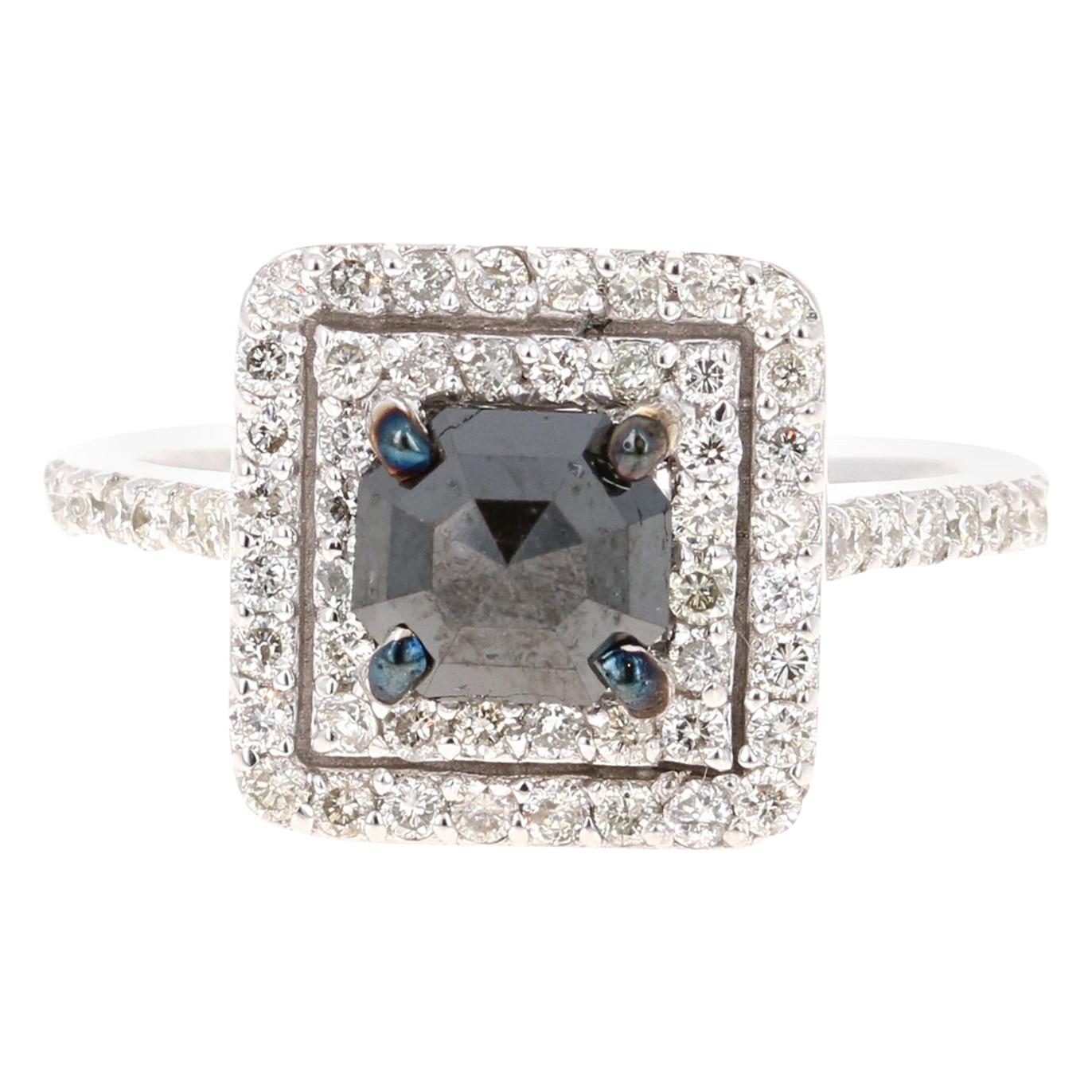 1.86 Carat Black Diamond White Diamond White Gold Engagement Ring For Sale