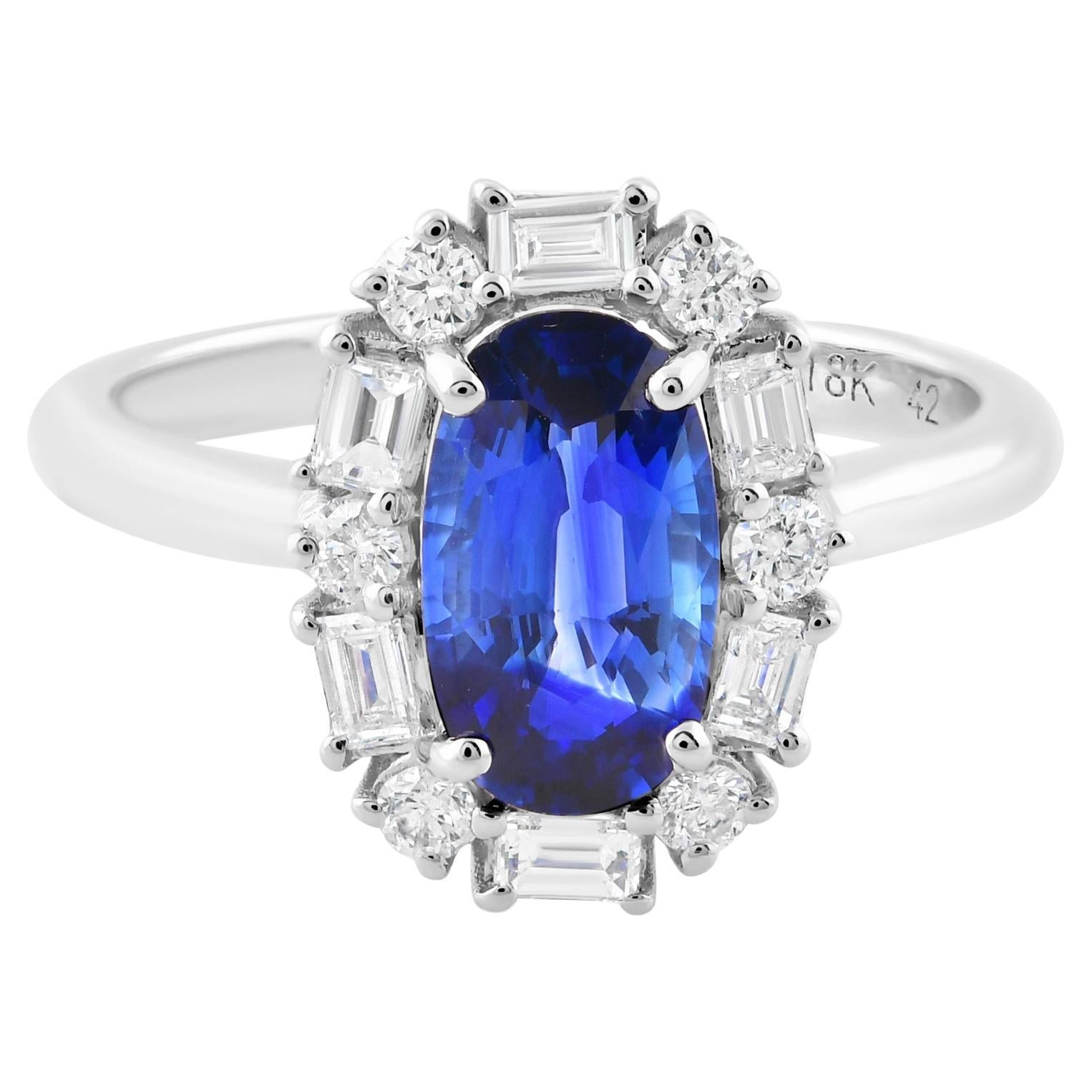 1.86 Carat Blue Sapphire Gemstone Ring 0.5 Carat SI/H Diamond 18k White Gold