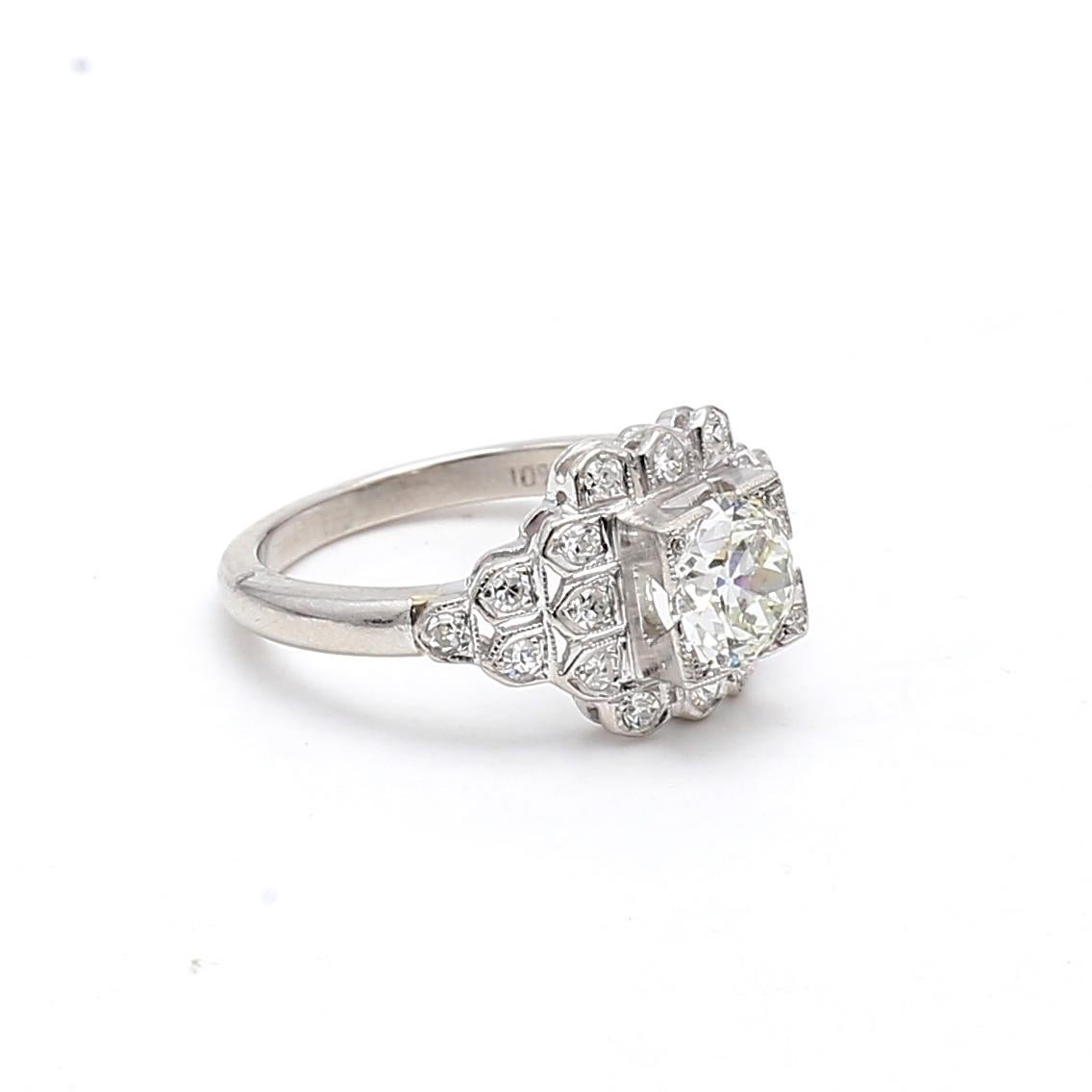1.86 Carat Circular Brilliant Cut G-I2 Diamond Platinum Art Deco Ring In Good Condition For Sale In New York, NY