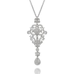 1.86 Carat Cubic Zirconia Sterling Silver Edwardian Style Pendant With Chain