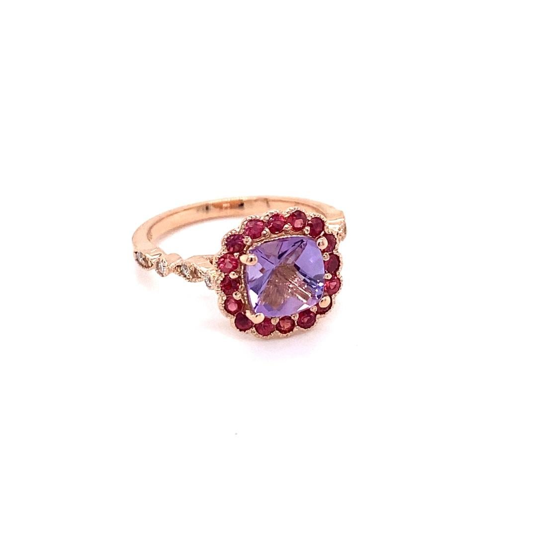 Contemporary 1.86 Carat Cushion Cut Amethyst Diamond Sapphire Rose Gold Ring For Sale