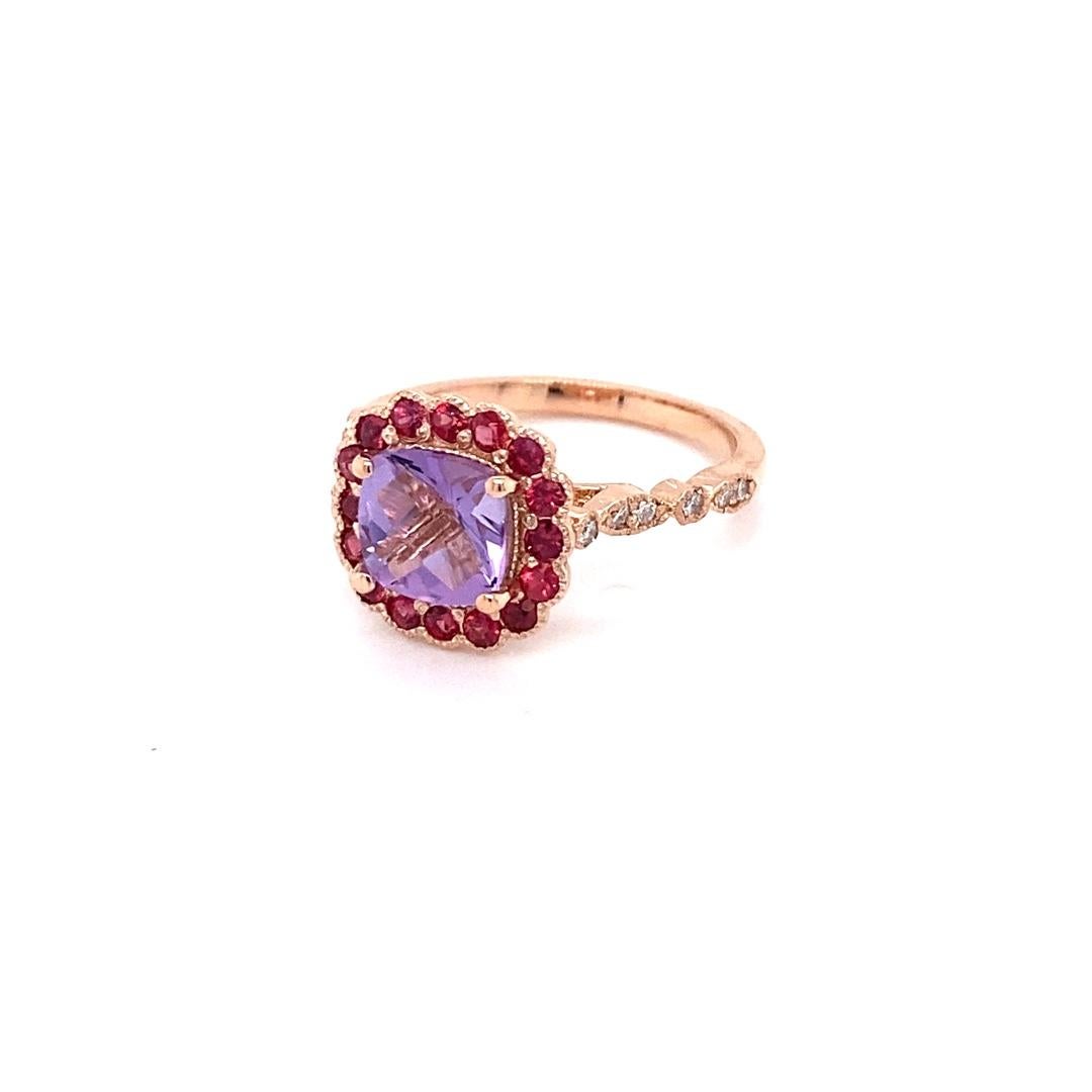 1.86 Carat Cushion Cut Amethyst Diamond Sapphire Rose Gold Ring In New Condition For Sale In Los Angeles, CA