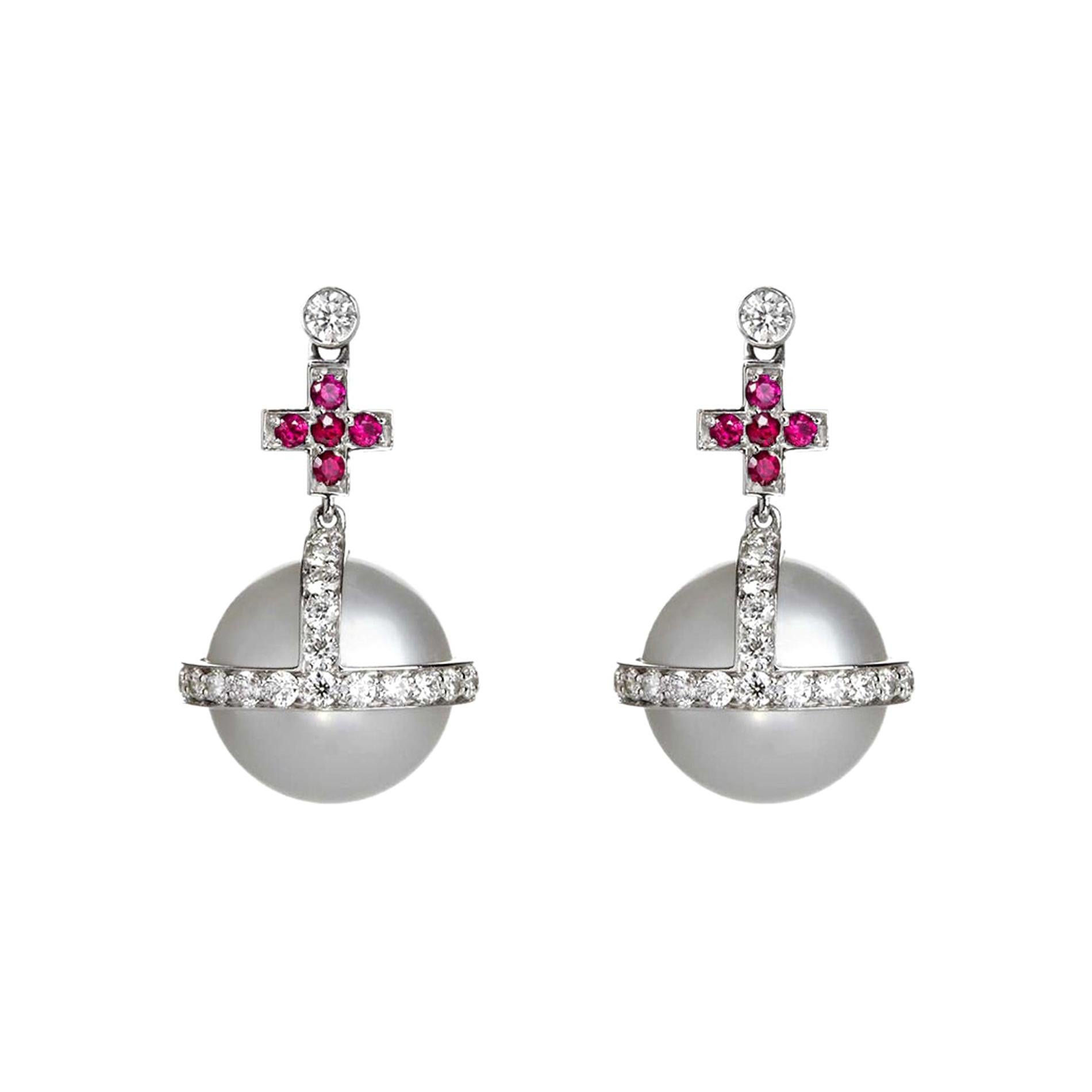 Sybarite Sceptre Earrings in White Gold with White Diamonds, Rubies & Pearl For Sale