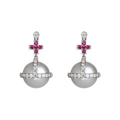 Sybarite Sceptre Earrings in White Gold with White Diamonds, Rubies & Pearl