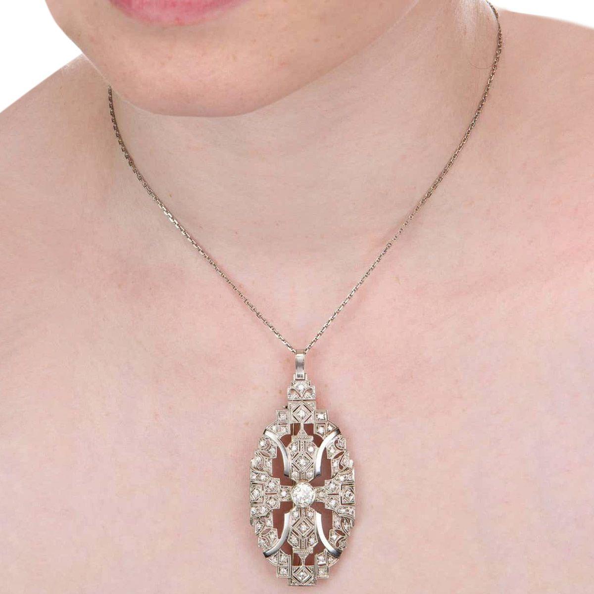 1.86 Carat Diamond Pendant Brooch with Platinum Chain 4