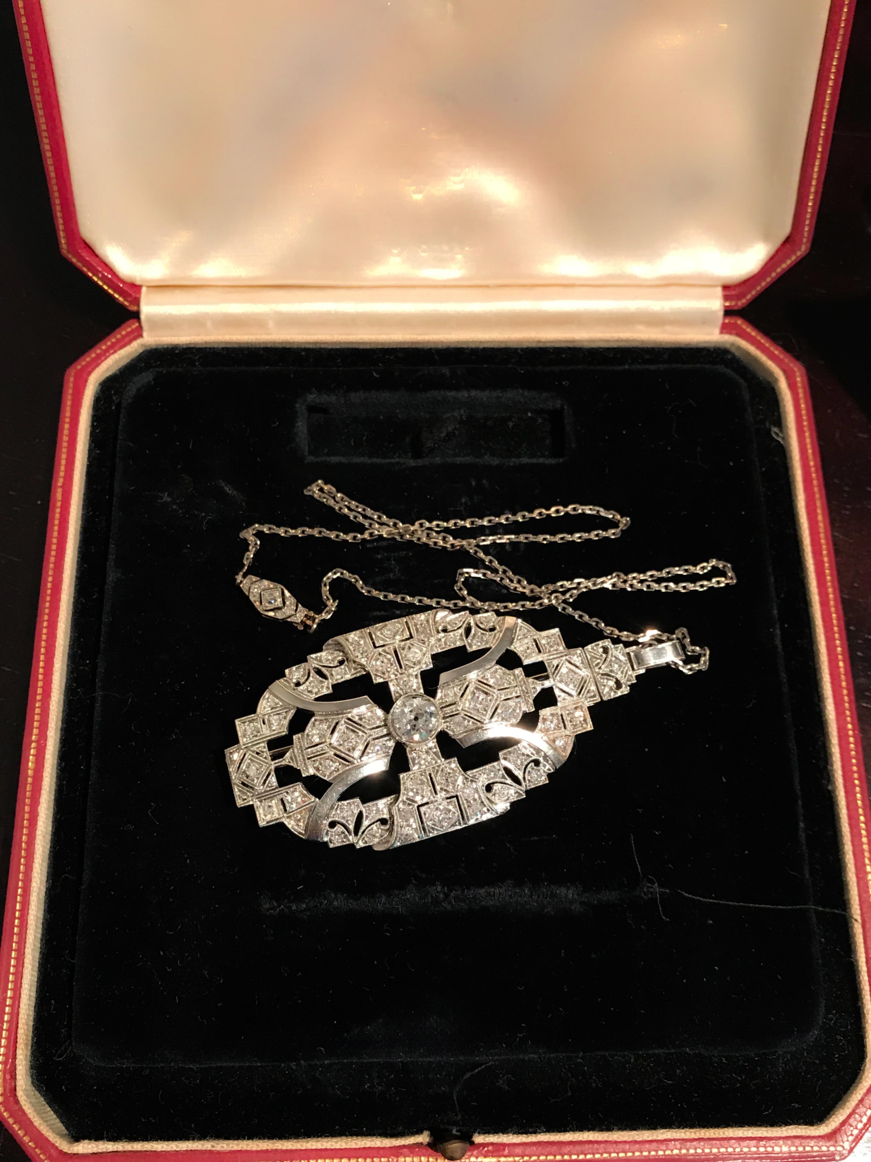 Women's 1.86 Carat Diamond Pendant Brooch with Platinum Chain