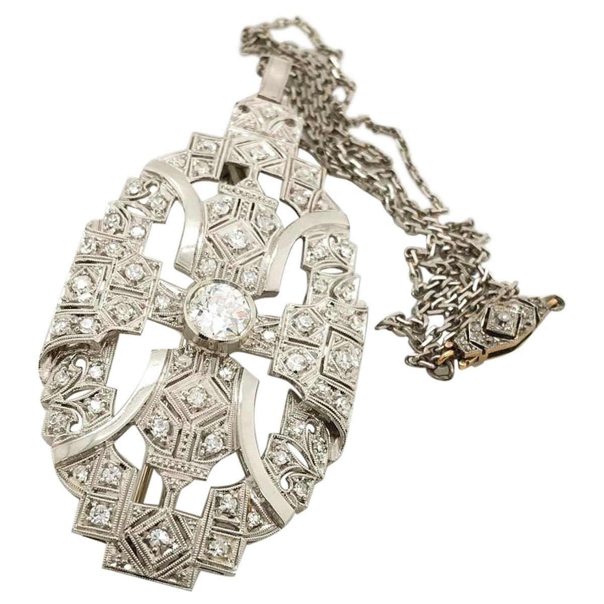 1.86 Carat Diamond Pendant Brooch with Platinum Chain 8