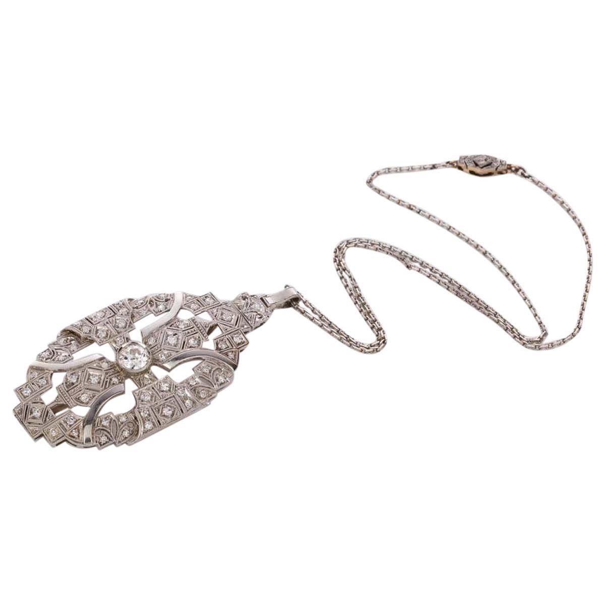 Art Deco 1.86 Carat Diamond Pendant Brooch with Platinum Chain