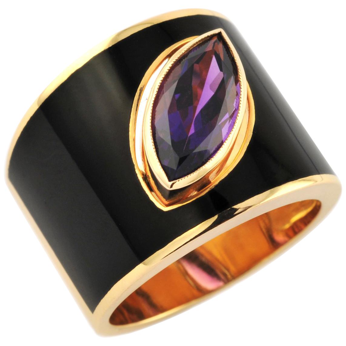 1, 86 Carat Drop Shaped Amethist Black Enamel Plated Hafsa Ring For Sale