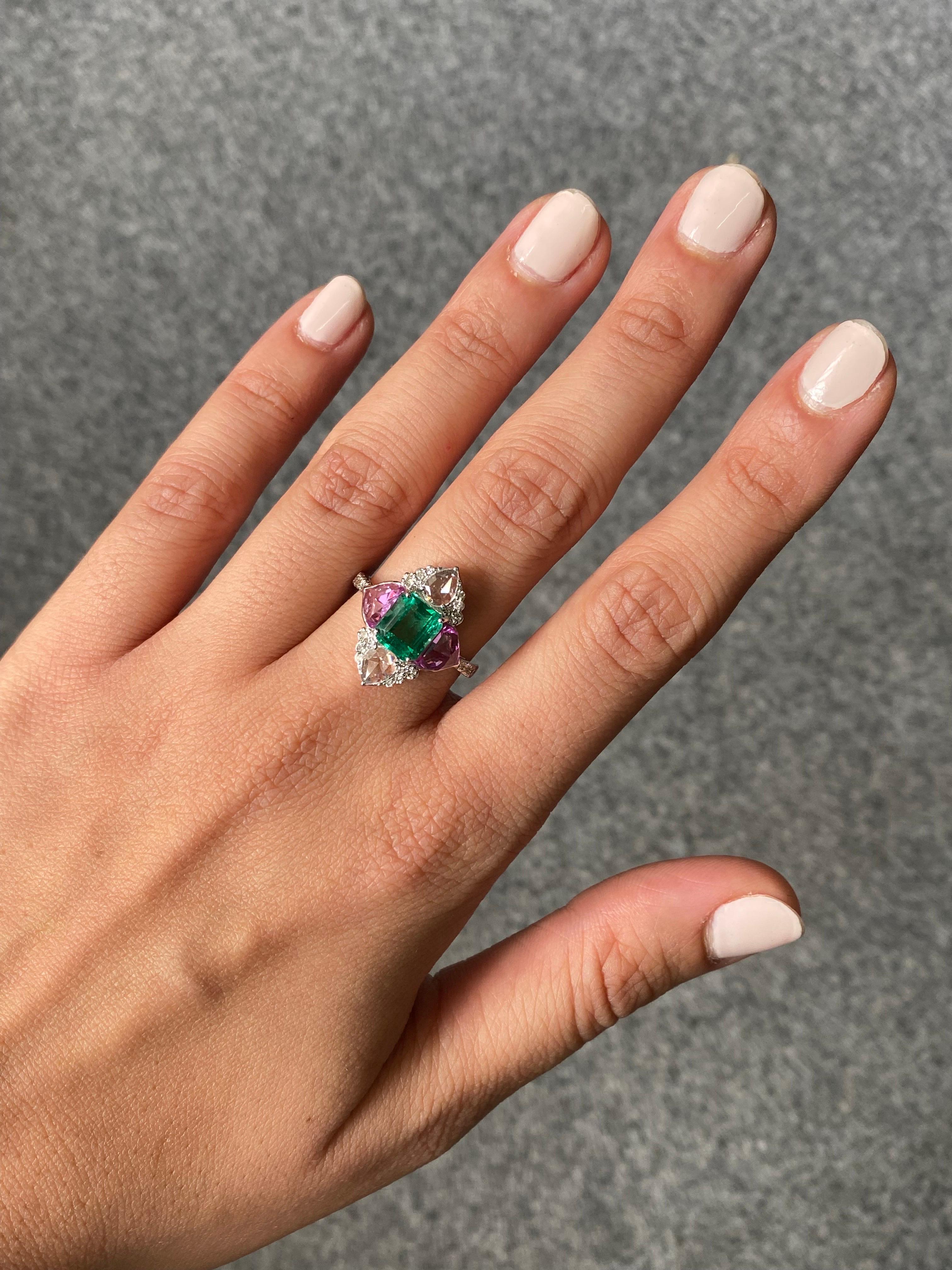 Emerald Cut 1.86 Carat Emerald and Pink Sapphire Engagement Cocktail Ring For Sale